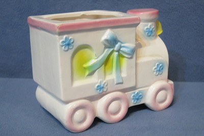 Vintage Nancy Pew Ceramic Train Planter # 7928 Japan Made Pink Blue Yellow White