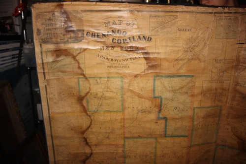 Antique 1863 New York State Chenango Cortland Counties Canvas Map Civil War Era