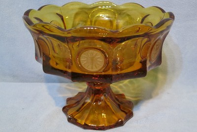 Vintage Fostoria Glass Coin Pattern Compote Footed Bowl Amber 8 1/2