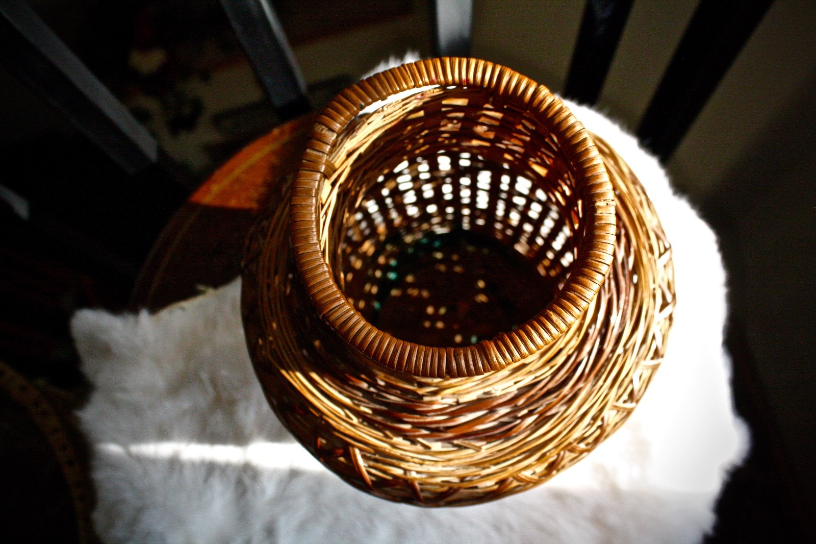 Vintage Antique Woven Tight Wicker Ornate Vase Basket Boho Bohemian Rattan
