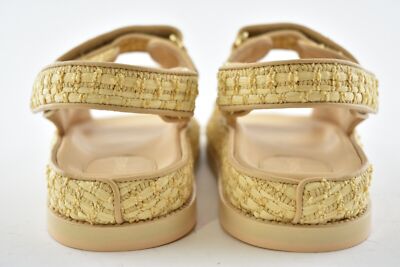 Pre-owned Chanel 21c Beige Raffia Pearl Cc Logo Mule Slide Strap Flat Teva Dad Sandal 36.5