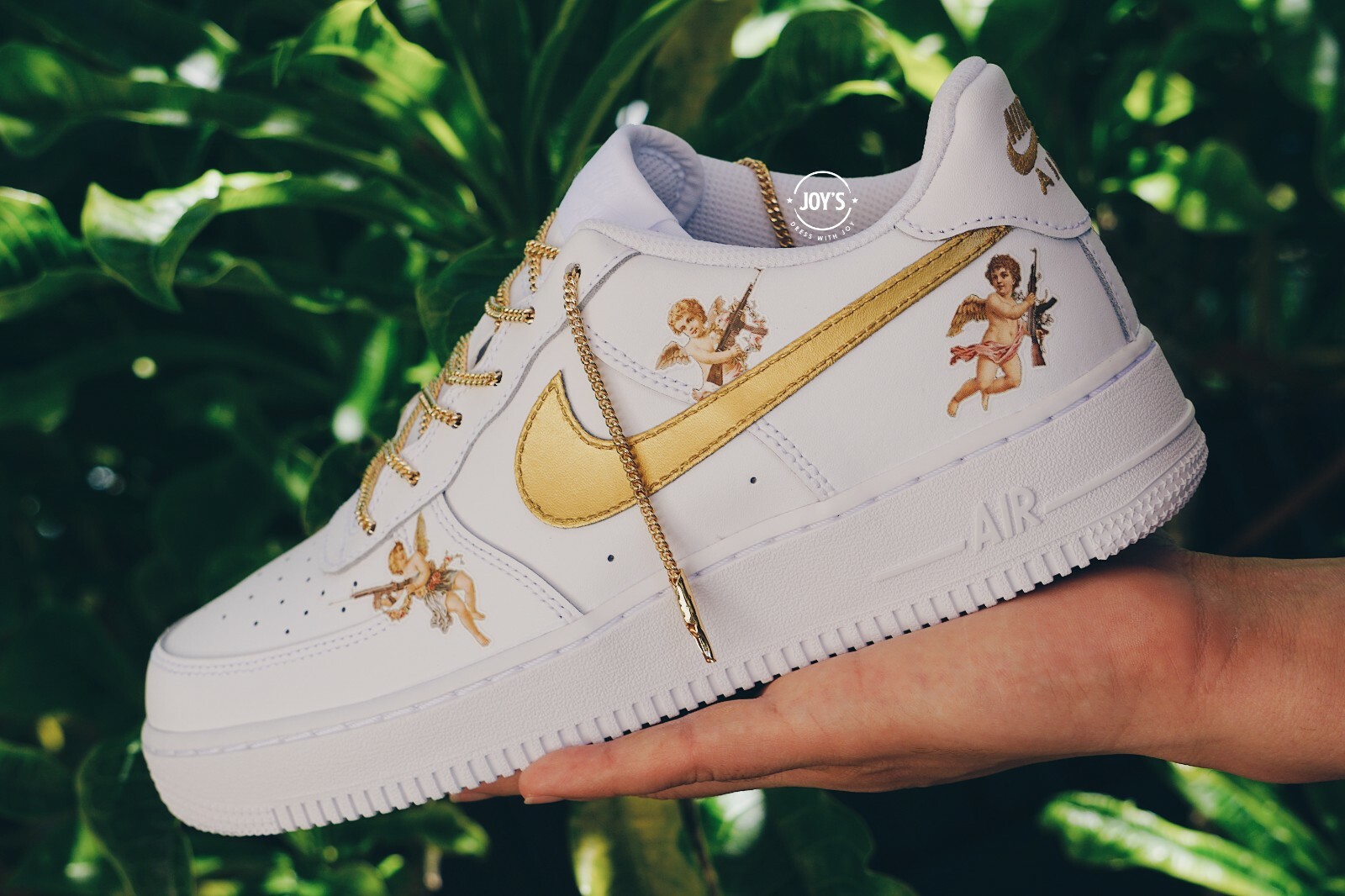 Pre-owned Nike Custom  Air Force 1 Sneakers. Golden Cherub Angels. Golden Chain Laces.