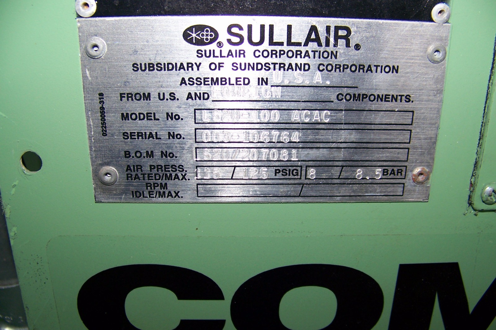 Sullair LS20S 100 hp. Rotary Screw air compressor  air cooled Variable capacity