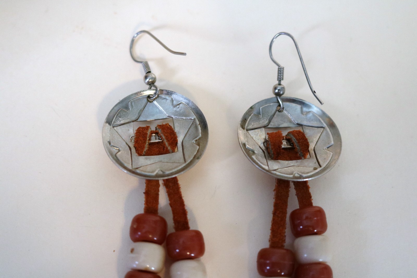 Vintage Conch Pierced Earrings Brown Beige Beads on Suede