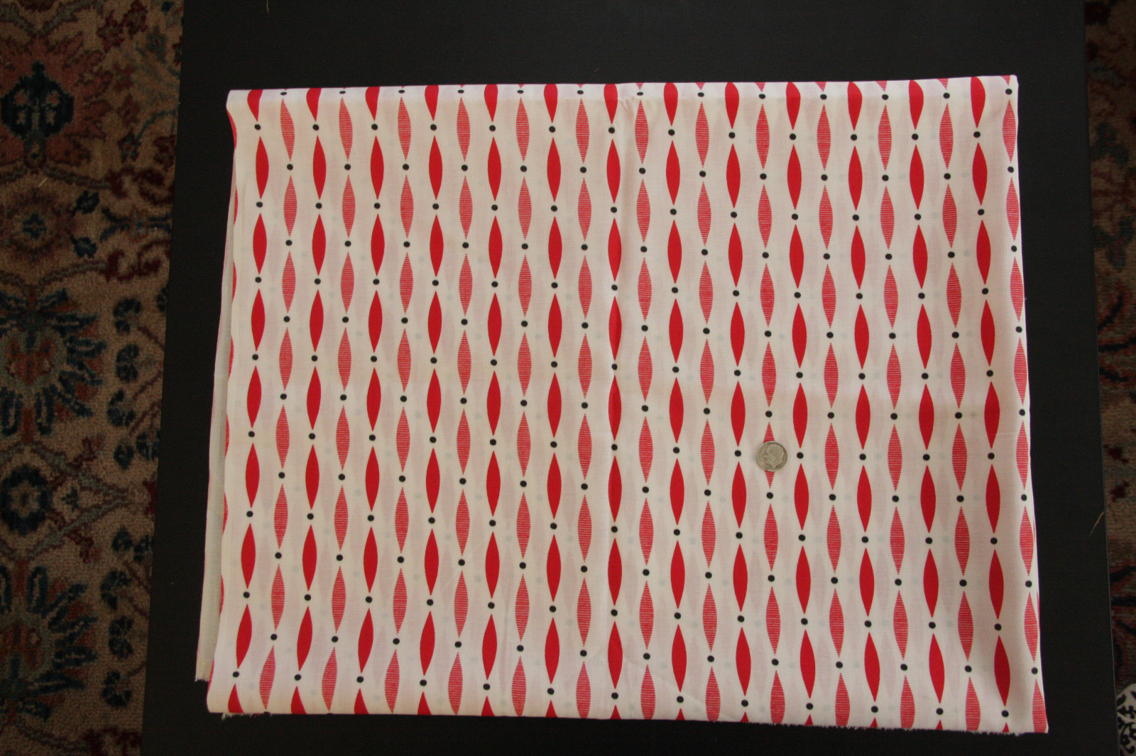 Vtg MCM Cotton Fabric Red Black Lozenge Dots Mint 36