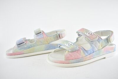 Pre-owned Chanel 22c Green Pink Blue White Cc Logo Mule Slide Strap Flat Dad Sandal 38 In Multicolor