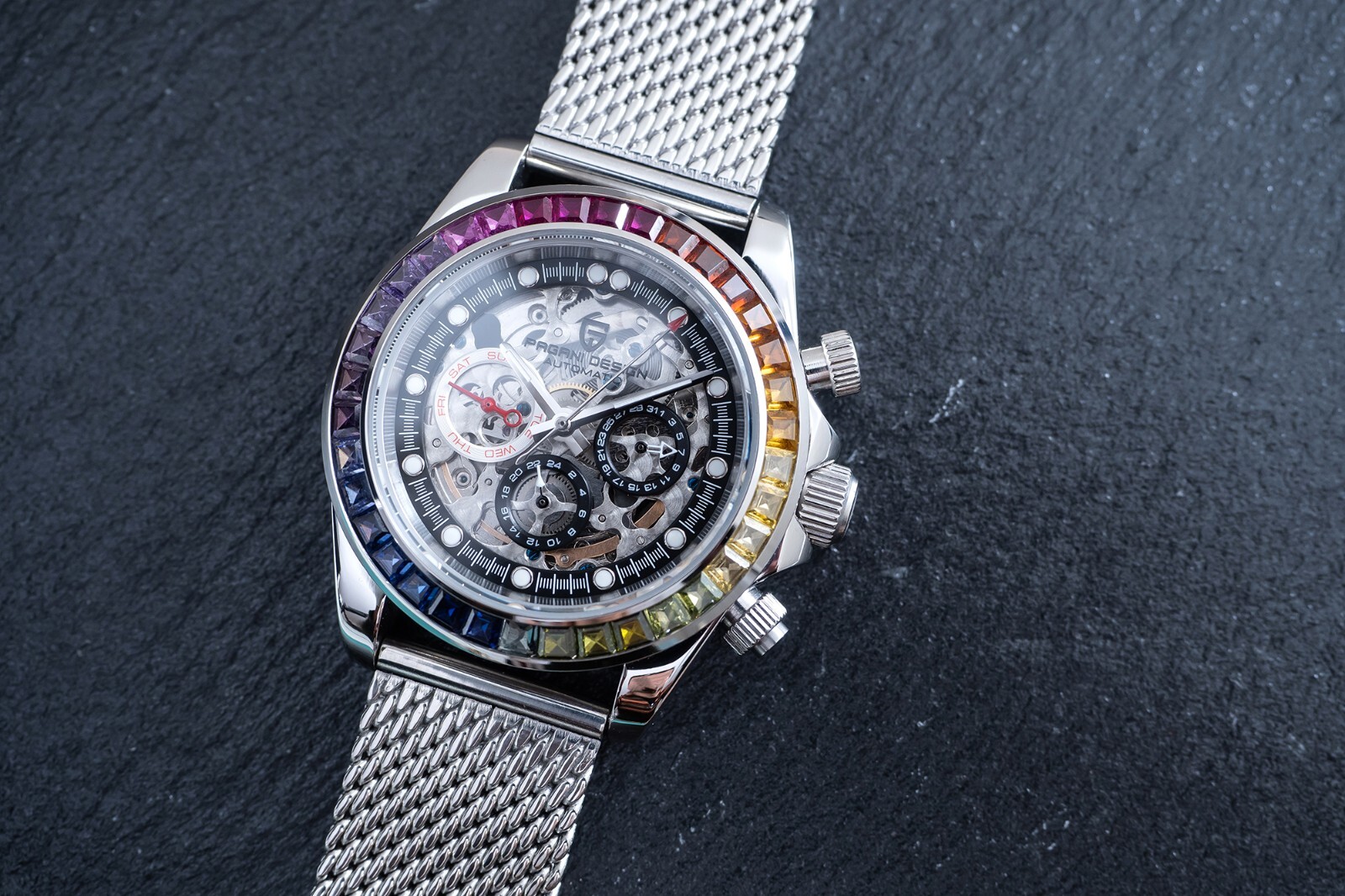 Pre-owned Pagani 40mm Automatic Mechanical Watch Silver Chrome Rainbow Cubics With Mesh Strap