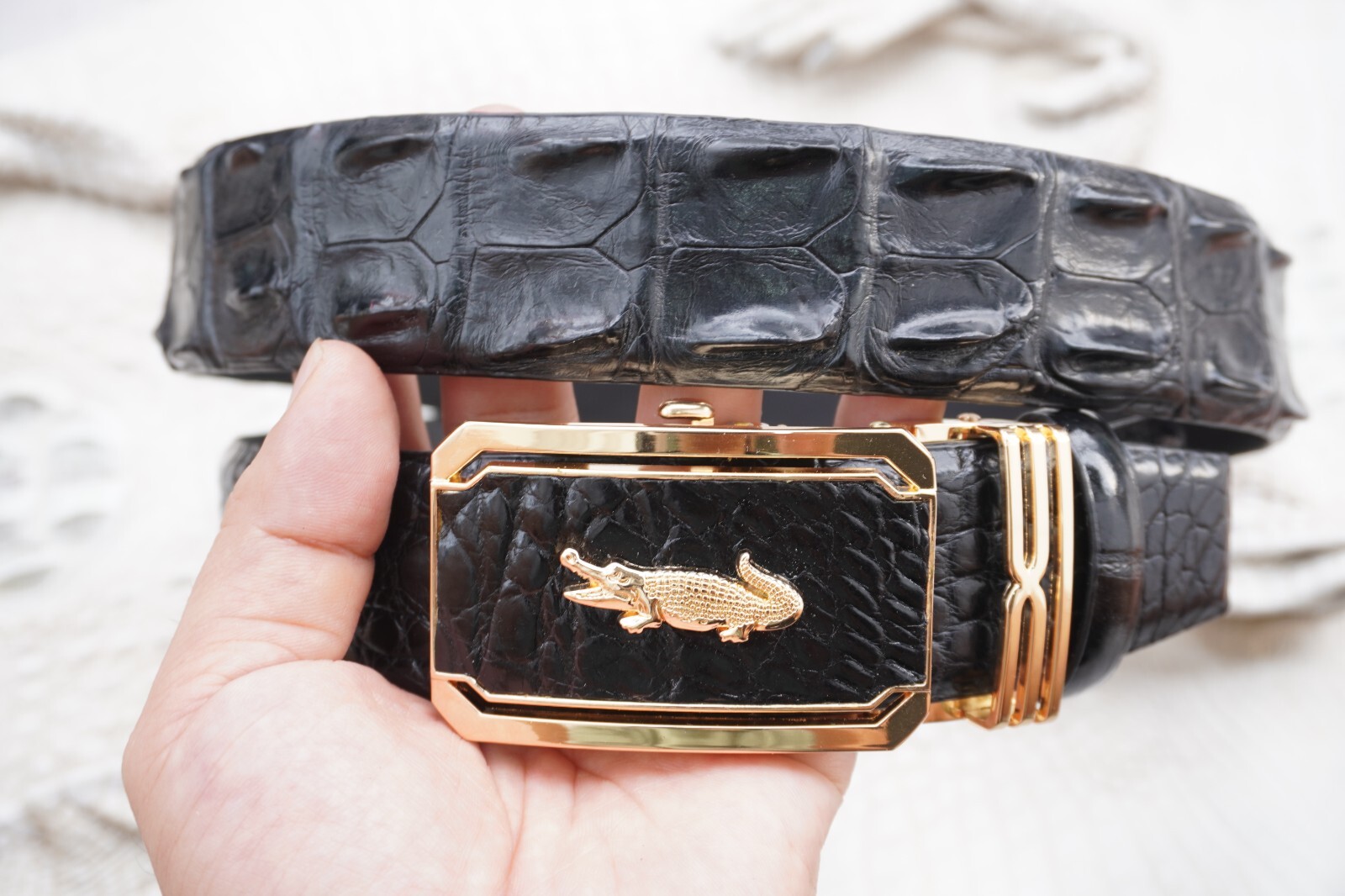 Black Genuine CROCODILE Hornback LEATHER Skin Men's Belt -W Black Genuine CROCODILE Hornback LEATHER Skin Men's Belt -W