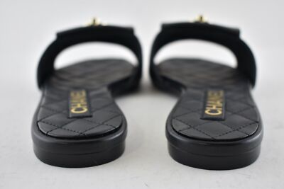 Pre-owned Chanel Rev Black Turnlock Quilted Gold Cc Logo Mules Slide Sandal Flop Flat 36.5