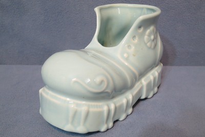 Vintage American Bisque Art Pottery Baby Bootie Shoe Planter Blue Color 6