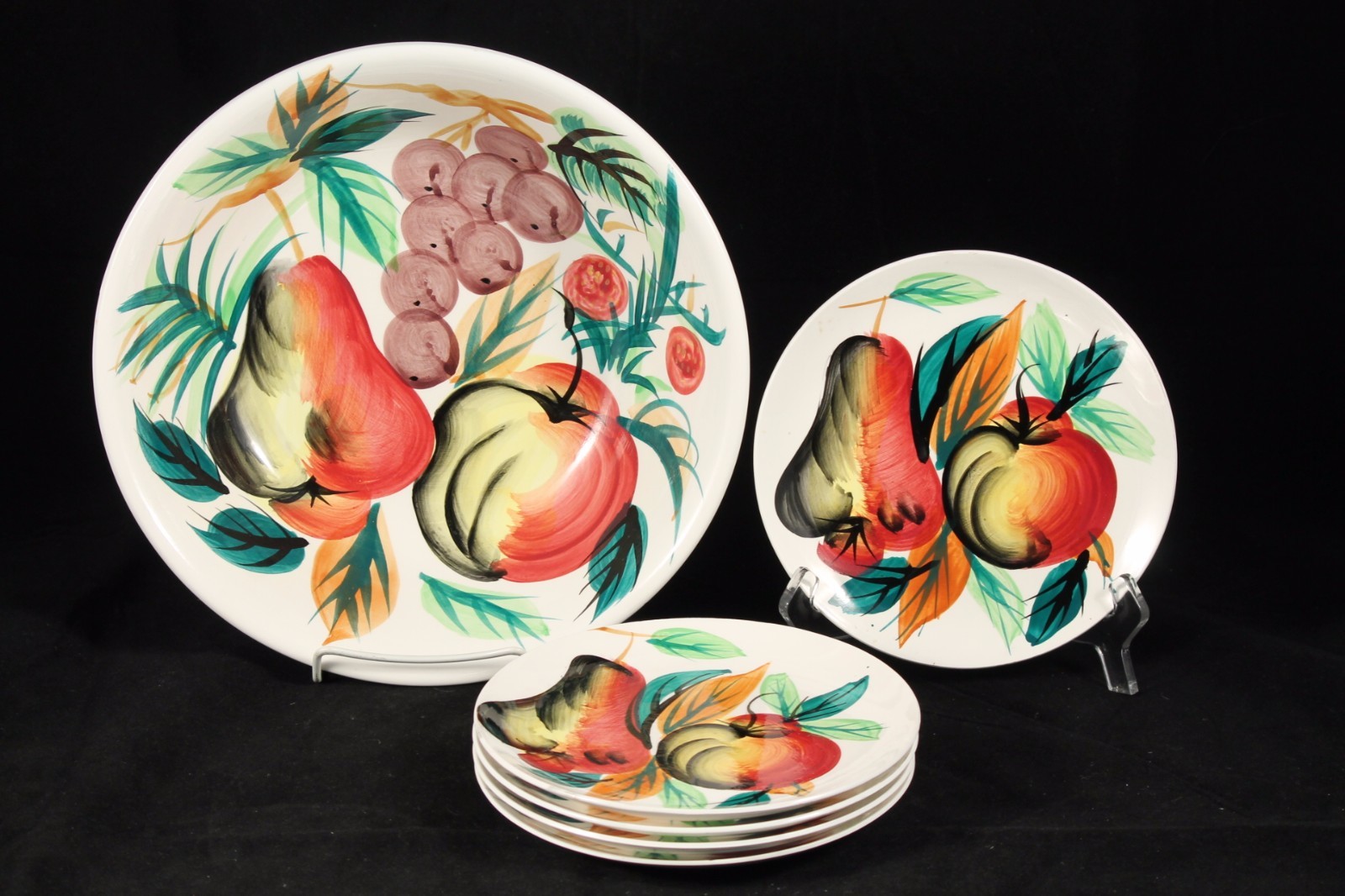 Vintage Large Fruit/Salad Bowl and 5 Matching Plates Hand Painted Mid Century