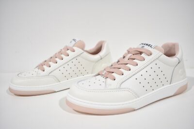 Pre-owned Chanel 22p White Leather Pink Cc Flat Lace Up Tie Runner Trainer Sneaker 39