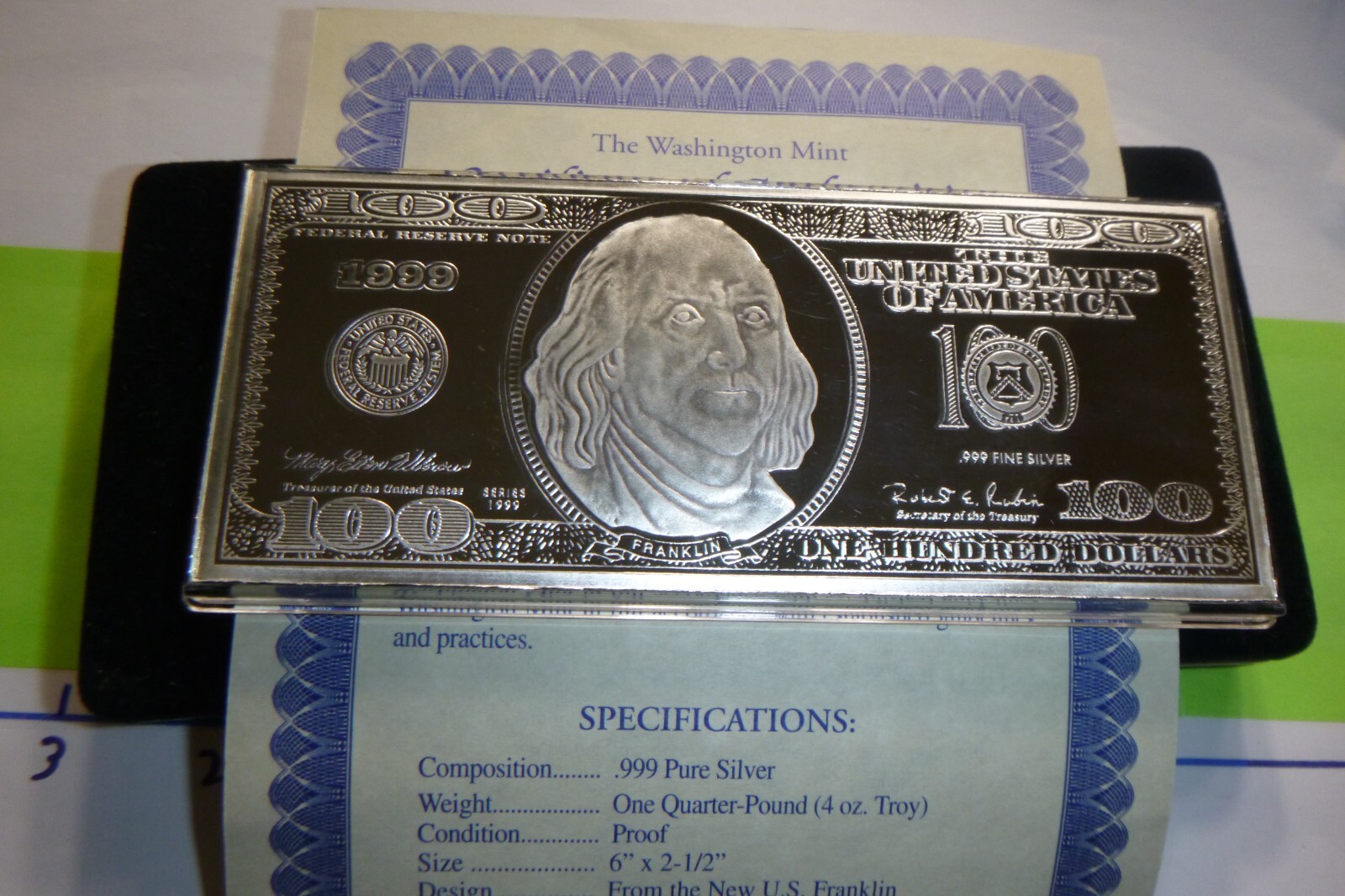 4 OZ 1999 $100 FRANKLIN 4th YEAR ISSUE RESERVE NOTE MONEY 4 OZ 1999 $100 FRANKLIN 4th YEAR ISSUE RESERVE NOTE MONEY