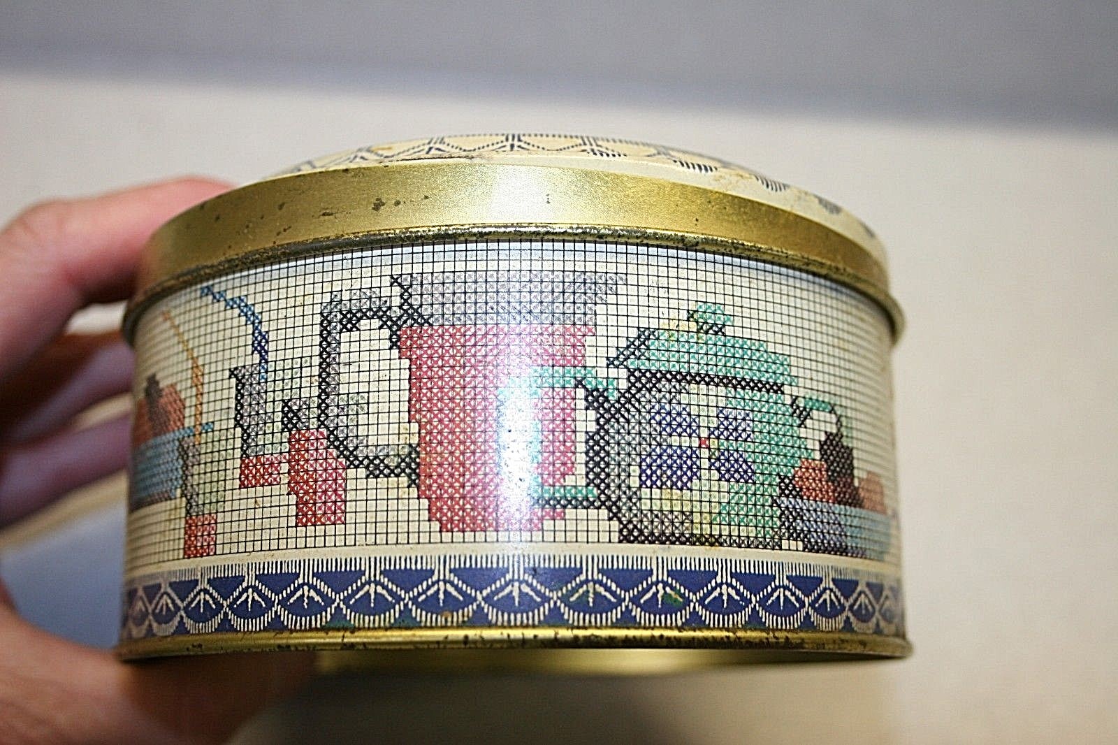 8 Miniature Cookie Cutters In Vintage Cross Stitch Theme Candy/Cookie Tin