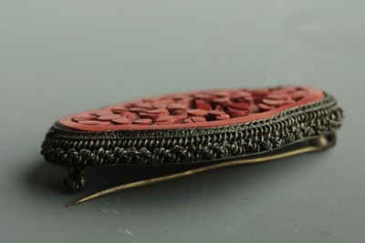 Antique Chinese Export Hand Carved Cinnabar Brooch Pin