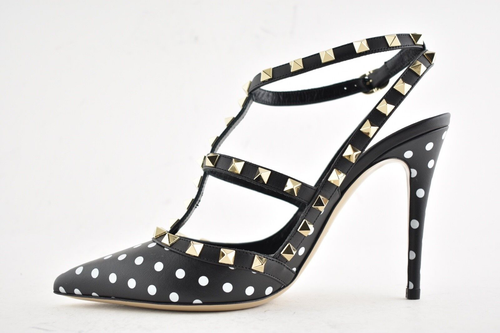 Pre-owned Valentino Garavani Valentino Rockstud Black White Polka Dot Ankle T Strap Sandal Heel Pump 36