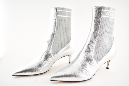 Pre-owned Fendi Rockoko Silver Scuba Stretch Ff Logo Knit Sock Ankle Kitten Heel Boot 37.5