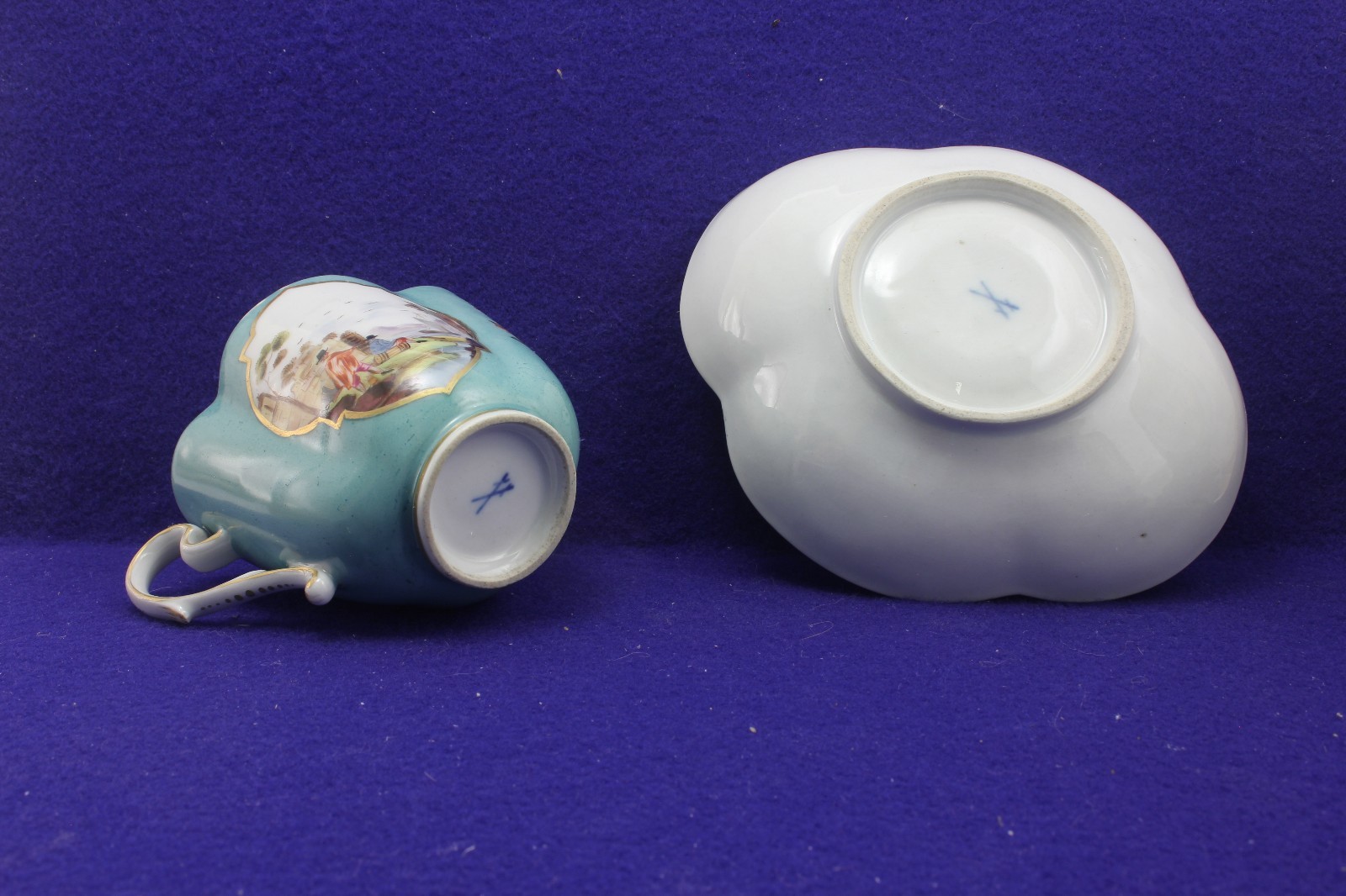 Meissen 1735 Cup & Saucer Harbor Scenes Quatrefoil Shape