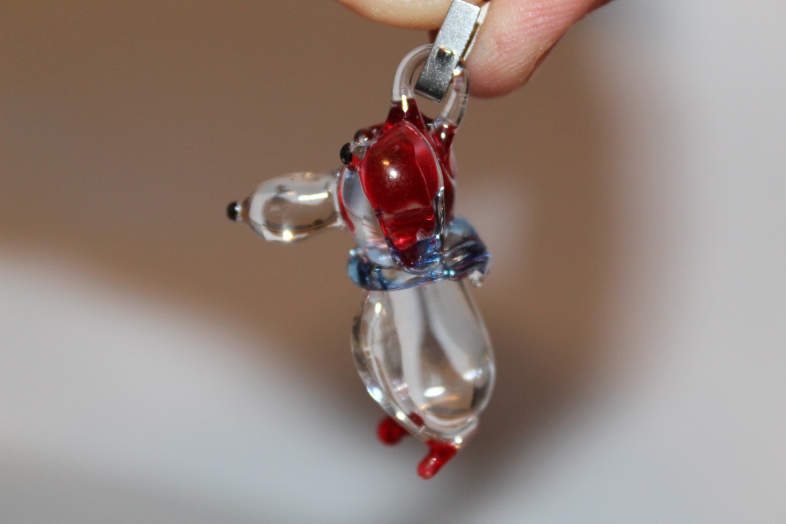 Miniature puppy dog Charm Hand blown glass Collectible ornament Red Ears blue