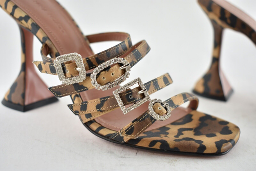 Pre-owned Amina Muaddi Robyn Slipper Satin Leopard Crystal Backless Sandal Heel Pump 36 In Black