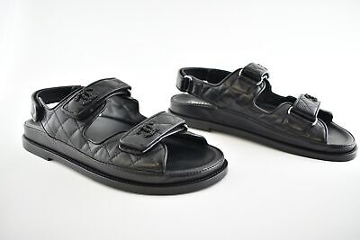 Pre-owned Chanel Black Leather Quilted Chain Cc Logo Mule Slide Strap Flat Dad Sandal 37