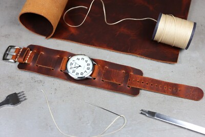 Bund strap Handmade Leather watch band Brown Full grain soft leather cuff watch