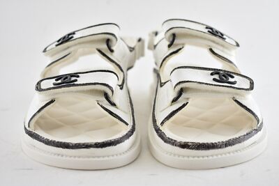 Pre-owned Chanel 22c White Black Graffiti Cc Logo Mule Slide Strap Flat Dad Sandal 36.5