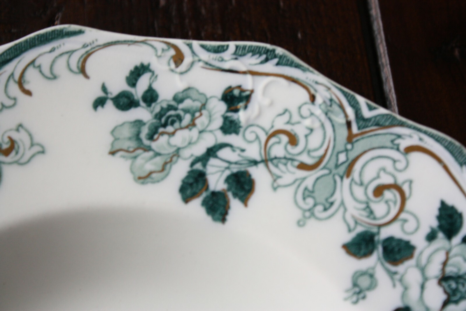 Antique W.H. Grindley MERION 6 Soup Bowls Green Floral Gild Accent 1897   8.75