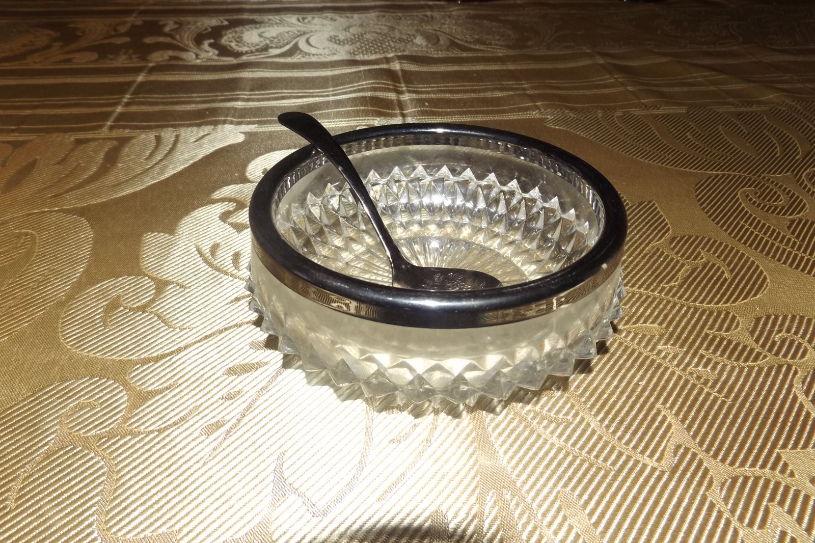 Vintage Heavy Glass W/Diamond Pattern Sugar/Sauce Dish W/Spoon-Made In England