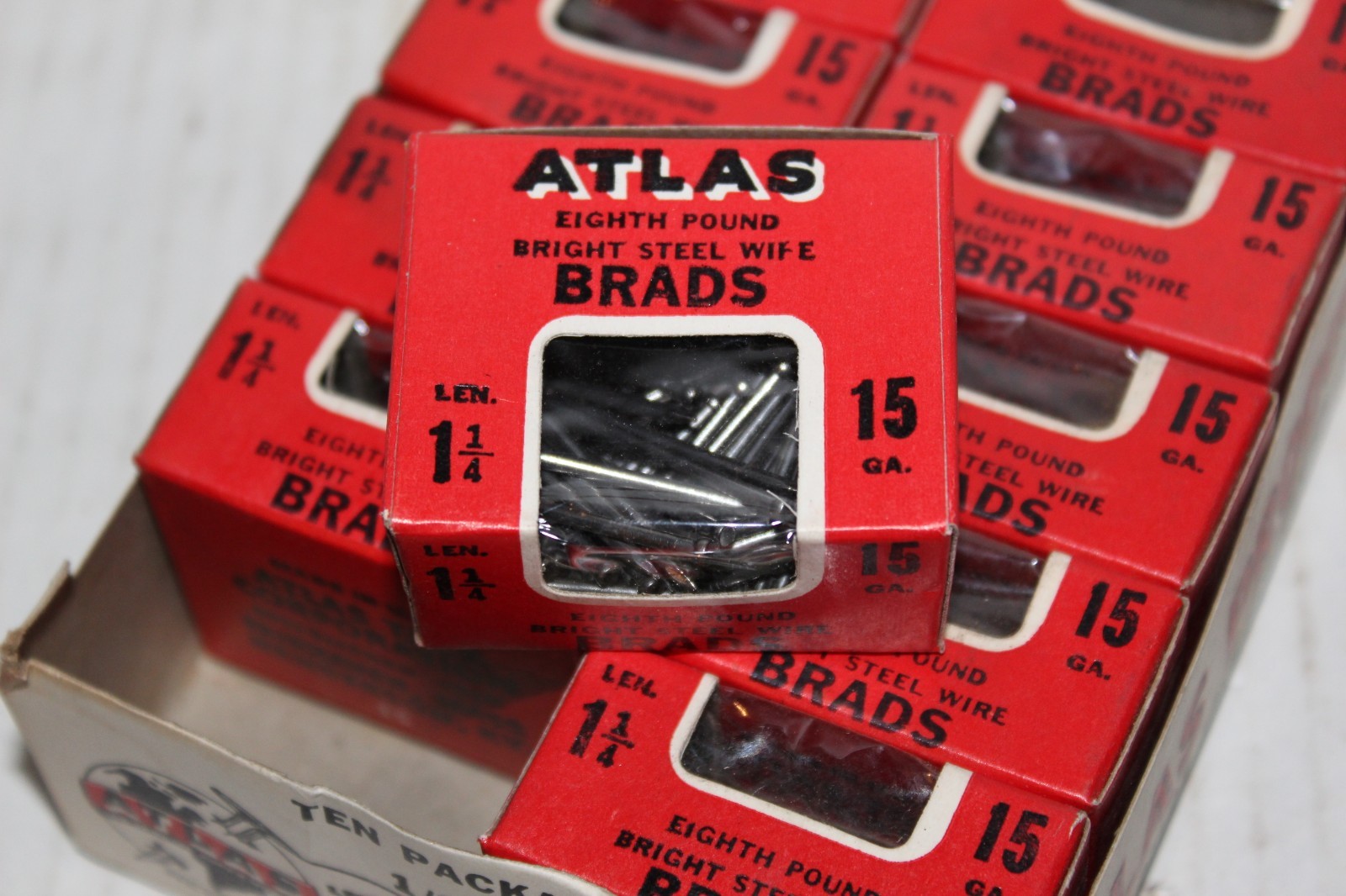Atlas Vtg Nails 15 Brads Bright Steel Wire Lot of 10 Henderson KY Fairhaven MA