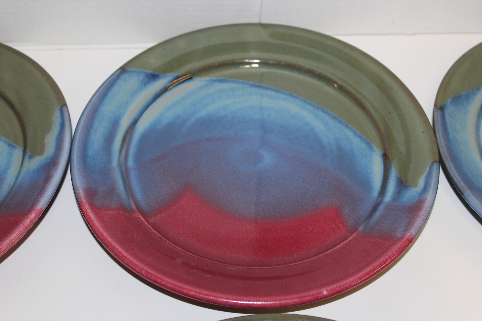 6 STUDIO POTTERY DINNER PLATES CADY CLAY WORKS NC HUNTER GLAZE MAROON BLUE GREEN