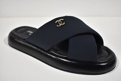 Pre-owned Chanel Rev Black Fabric Criss Cross Puffy Cc Logo Slide Mule Sandal Flop Flat 37
