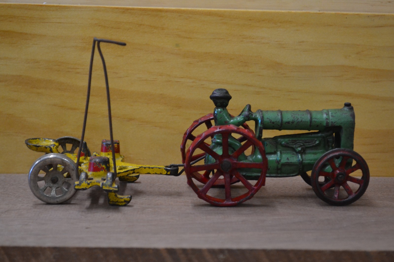 Vintage Arcade Cast Iron Red & Green Tractor With Arcade Yellow & Red Planter