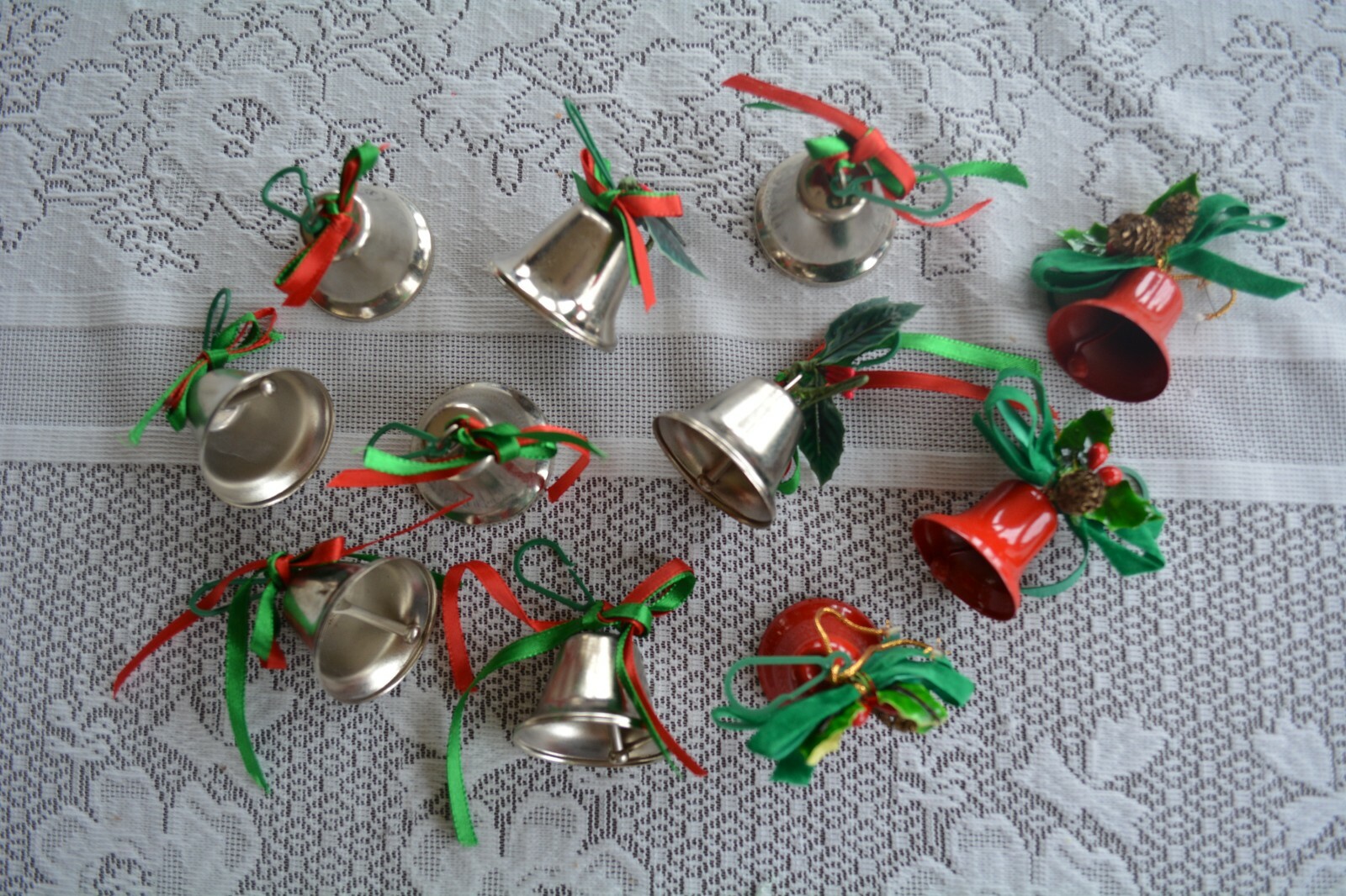 Lot of 11 Metal Silver Red Jingle Bells Christmas Ornaments Holiday Art Crafts