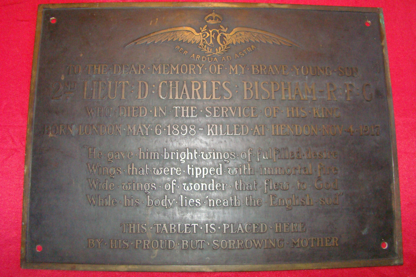 LARGE RFC MEMORIAL PLAQUE TO LT.. BISPHAM, KILLED HENDON 1917