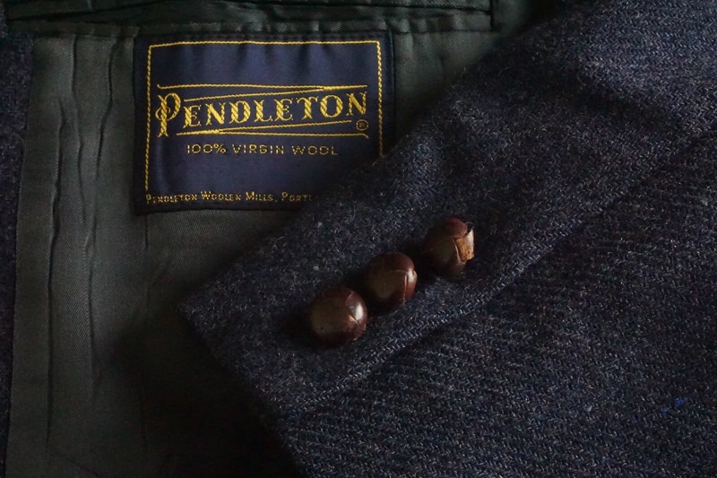 Pendleton VINTAGE Virgin Wool Tweed Blue Leather Detail Sport Coat Jacket Sz 43R
