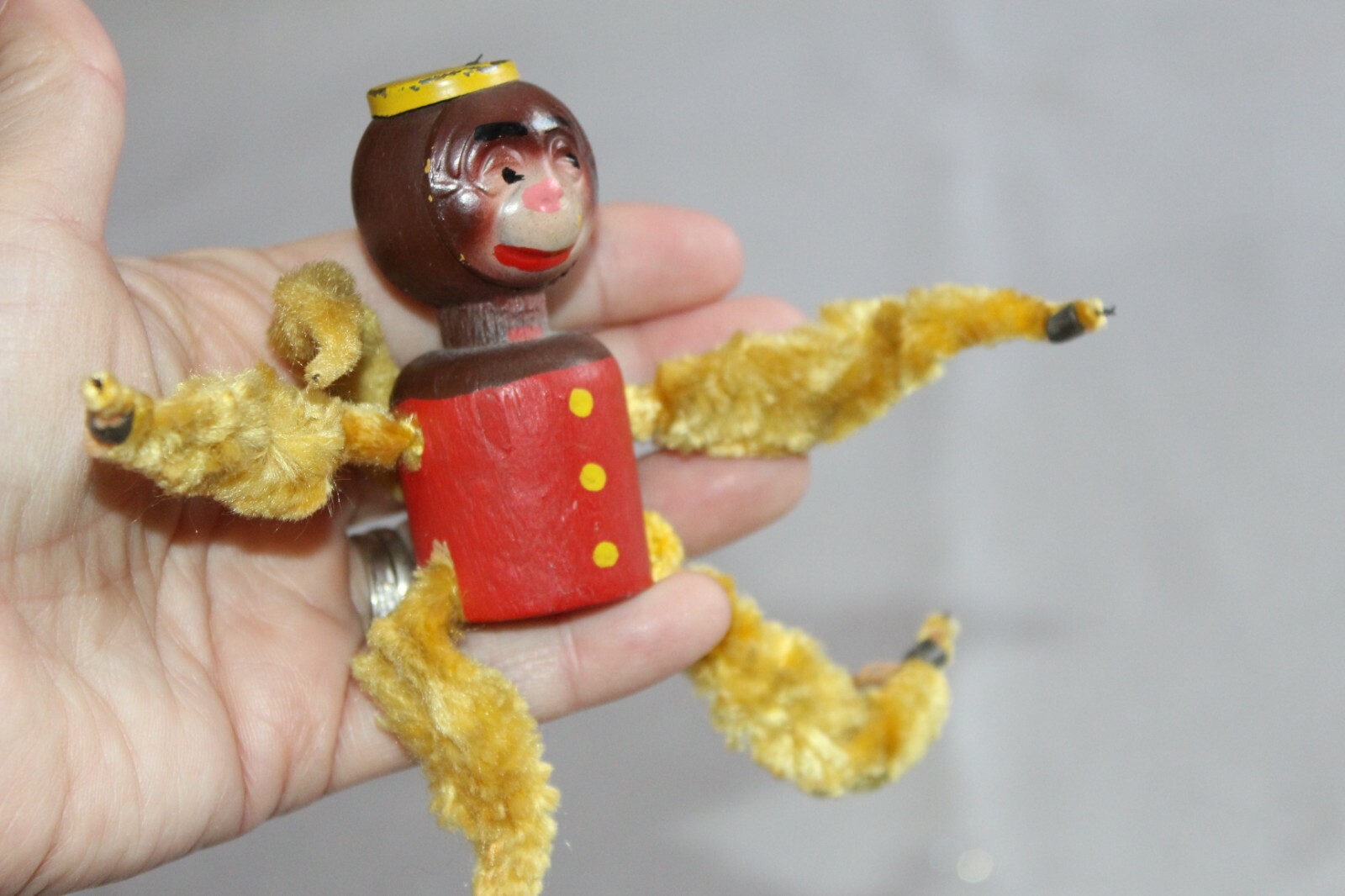 FABULOUS ANTIQUE HAND PAINTED WOODEN MONKEY & CHENILLE ARMS LEGS + TAIL!