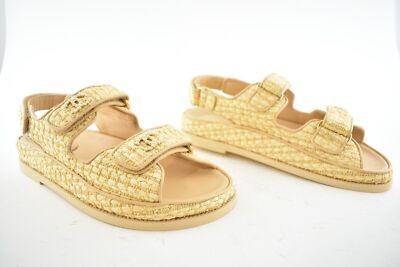 Pre-owned Chanel 21c Beige Raffia Pearl Cc Logo Mule Slide Strap Flat Teva Dad Sandal 36.5