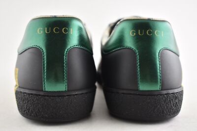 Pre-owned Gucci Mens Black Ace Guccy Leather Gold Flat Low Top Lace Sneaker 11 12