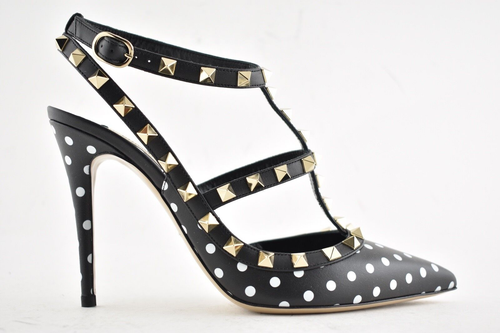Pre-owned Valentino Garavani Valentino Rockstud Black White Polka Dot Ankle T Strap Sandal Heel Pump 36