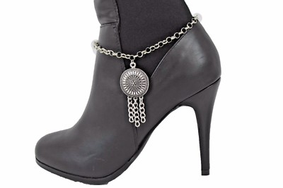 Women Silver Boot Anklet Chain Strap Metal Western Shoe Round Coin Ethnic Charm