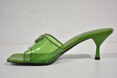 Pre-owned Prada Plexiglas Green Pvc Patent Leather Backless Sandal Mule Heel Pump 38.5