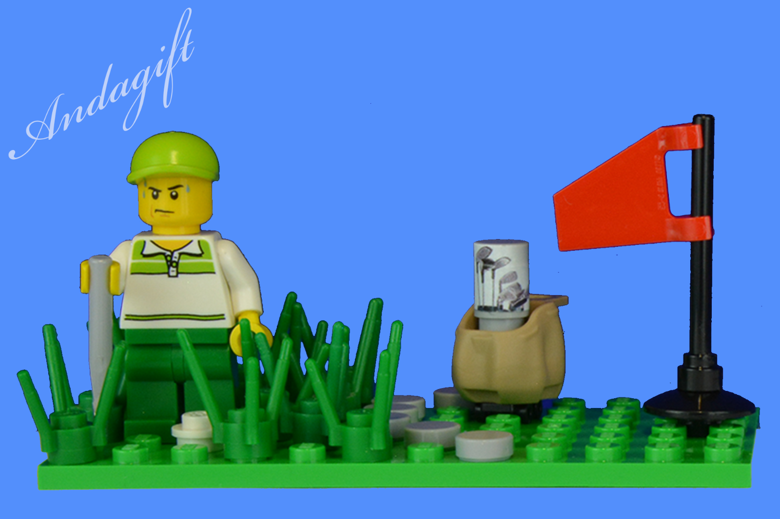 LEGO pieces golf minifigure and golf club bag golfing scene stuck in