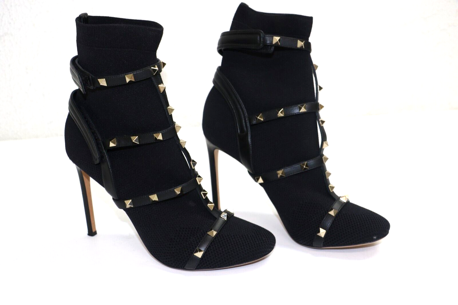 VALENTINO GARAVANI Rockstud patent leather-trimmed stretch-knit sock boots 40.5