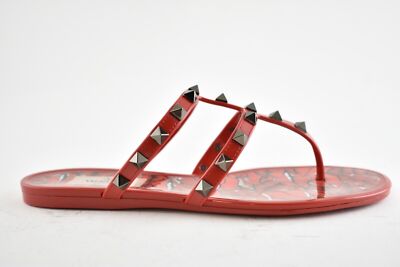 Pre-owned Valentino Garavani Valentino Rockstud Red Black Rubber Lipstick Jelly Pvc Stud Cage Flat Sandal 40