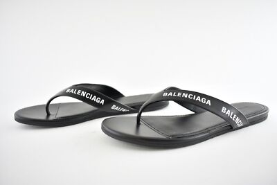 Pre-owned Balenciaga Black White Leather Logo Thong Slide Slip On Sandal Flip Flop Flat 37