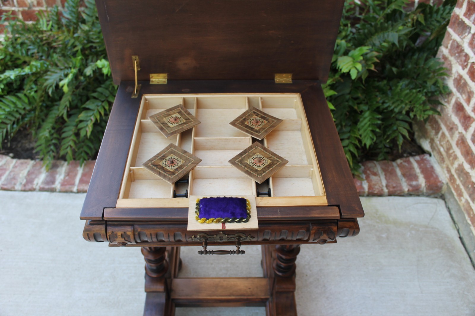Antique French Burled Walnut Victorian Lift Top Sewing Table Cabinet Sewing Box