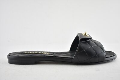 Pre-owned Chanel Rev Black Turnlock Quilted Gold Cc Logo Mules Slide Sandal Flop Flat 36.5