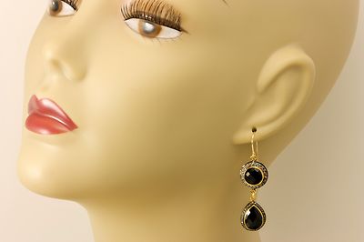 Pre-owned Spyglass Designs 14k Yellow Gold Black Onyx Earrings Pave Champagne Diamonds Bezel Double Long