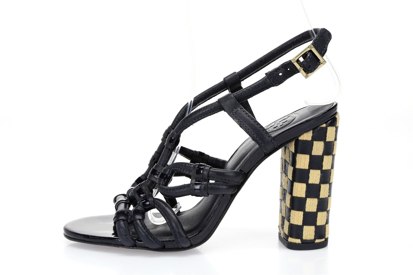 Tory Burch Navy Blue Checkered Heel Leather Buckle Strappy Sandals Size 5 Medium